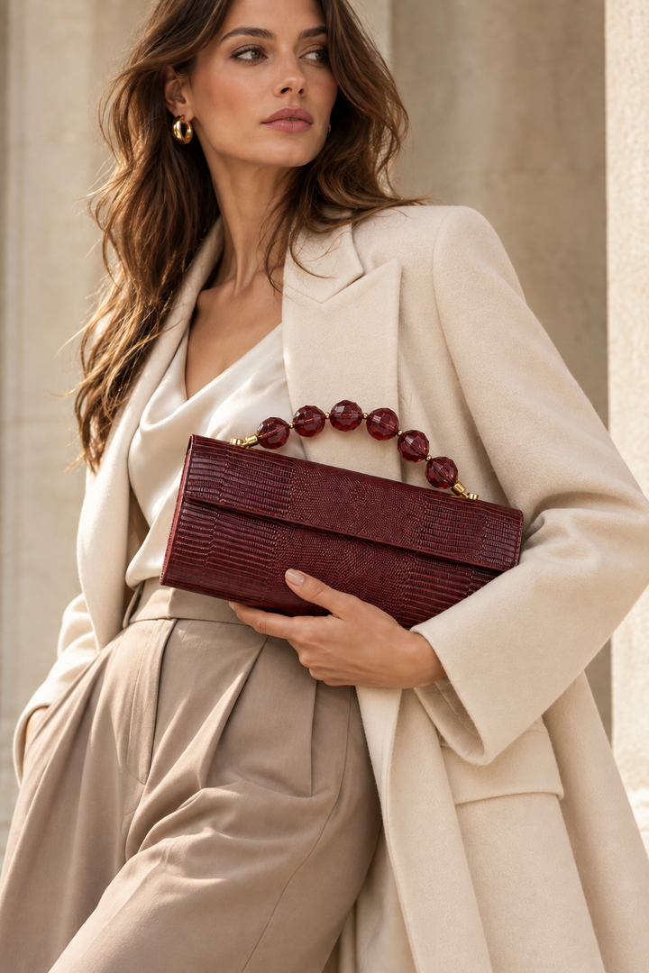 Sirenetta Boule Clutch Elegante in Vitello Stampa Lucertolino Glossy con Manico Gioiello