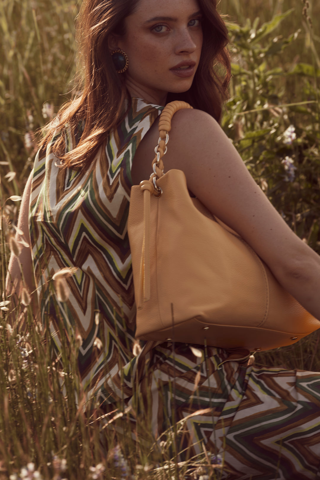 Amina large leather handbag with wrapped tubular handle and detachable shoulder strap