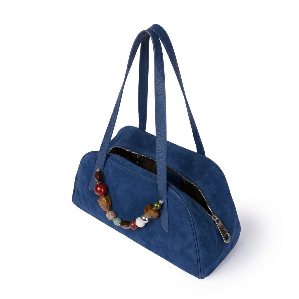 Vittoria Bowling Suede – Borsa in Camoscio Rasato con Manico Gioiello e Doppi Manici a Spalla