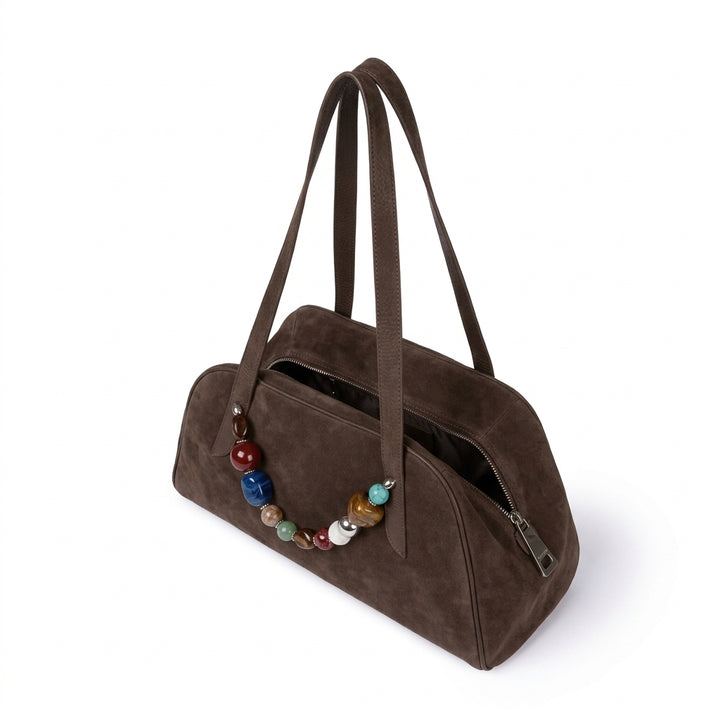 Vittoria Bowling Suede – Borsa in Camoscio Rasato con Manico Gioiello e Doppi Manici a Spalla