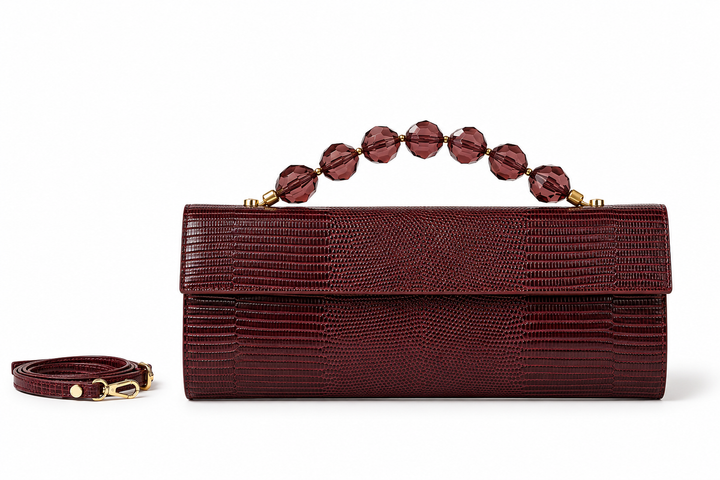 Sirenetta Boule Clutch Elegante in Vitello Stampa Lucertolino Glossy con Manico Gioiello