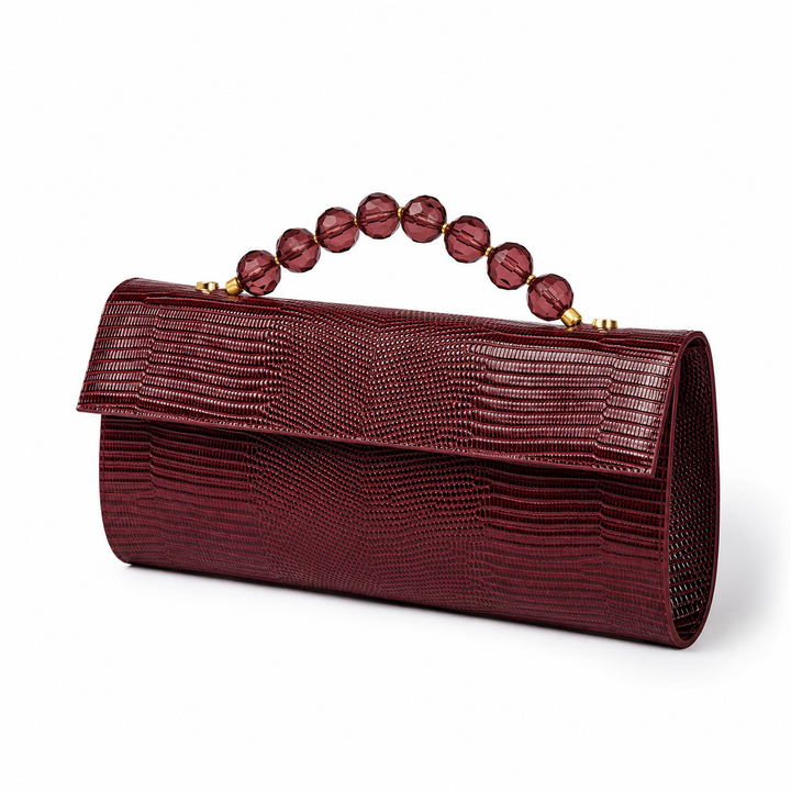 Sirenetta Boule Clutch Elegante in Vitello Stampa Lucertolino Glossy con Manico Gioiello