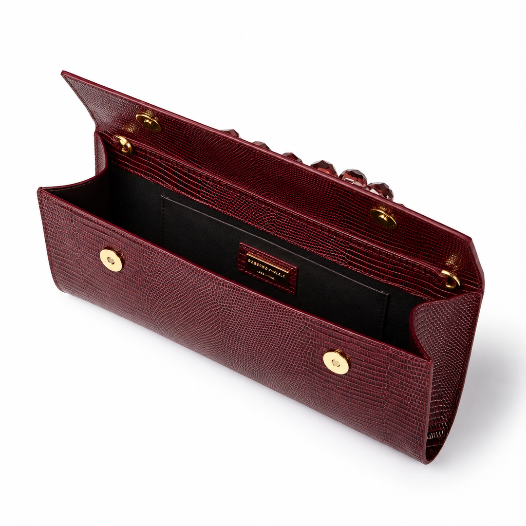 Sirenetta Boule Clutch Elegante in Vitello Stampa Lucertolino Glossy con Manico Gioiello