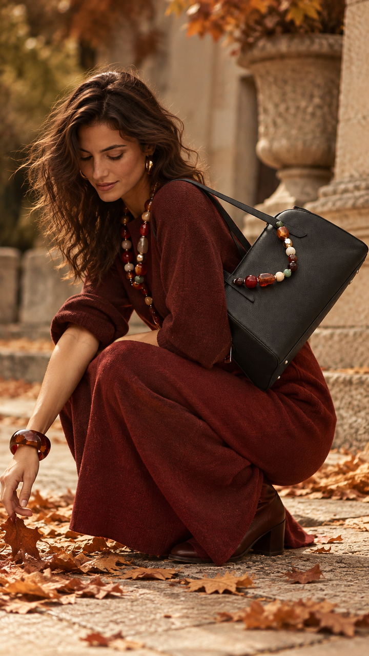 Alina Boule Bowling – Grained Calf Leather Bowling Bag with Jewel Handles