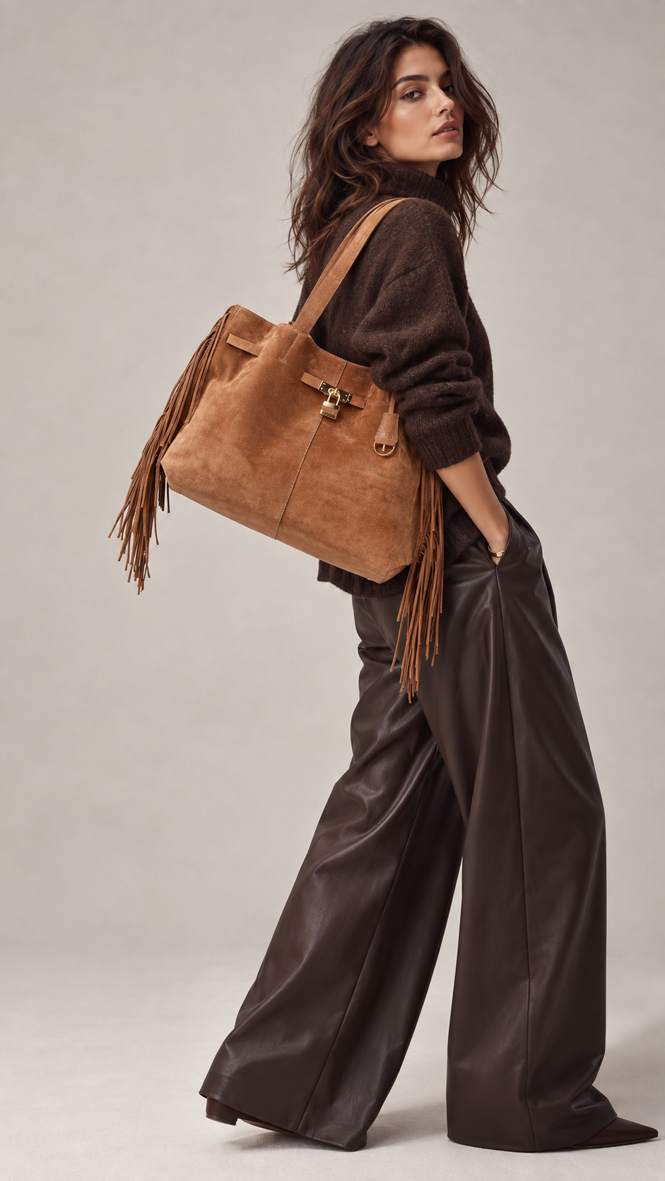 Sveva Suede Fringes Tote in pelle con interno organizzato e chiusura a girello decorativa