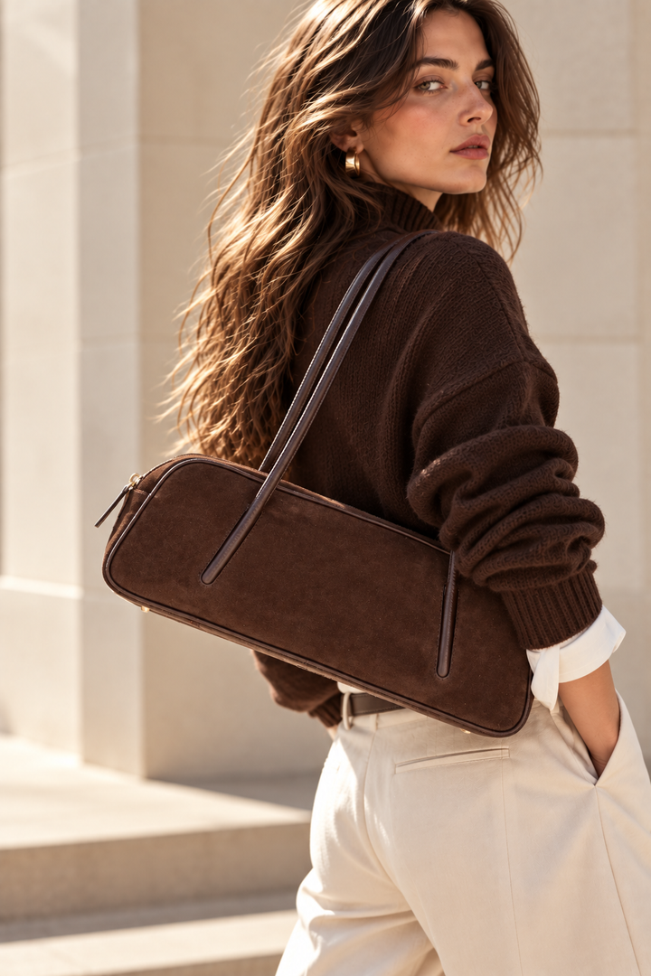 Celine East-West  Suede – Borsa Allungata in Camoscio e Pelle Martellata con Manici Incassati