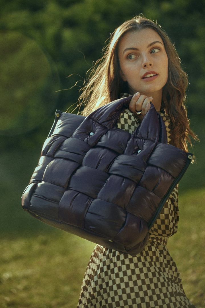 Greta large bag in padded and hand-woven anti-drop fabric with leather finishes