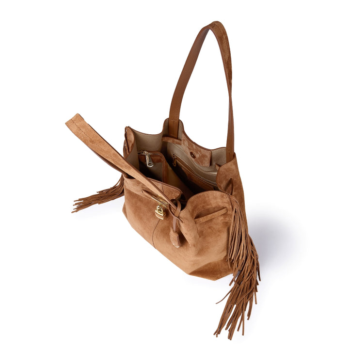 Sveva Suede Fringes Tote in pelle con interno organizzato e chiusura a girello decorativa