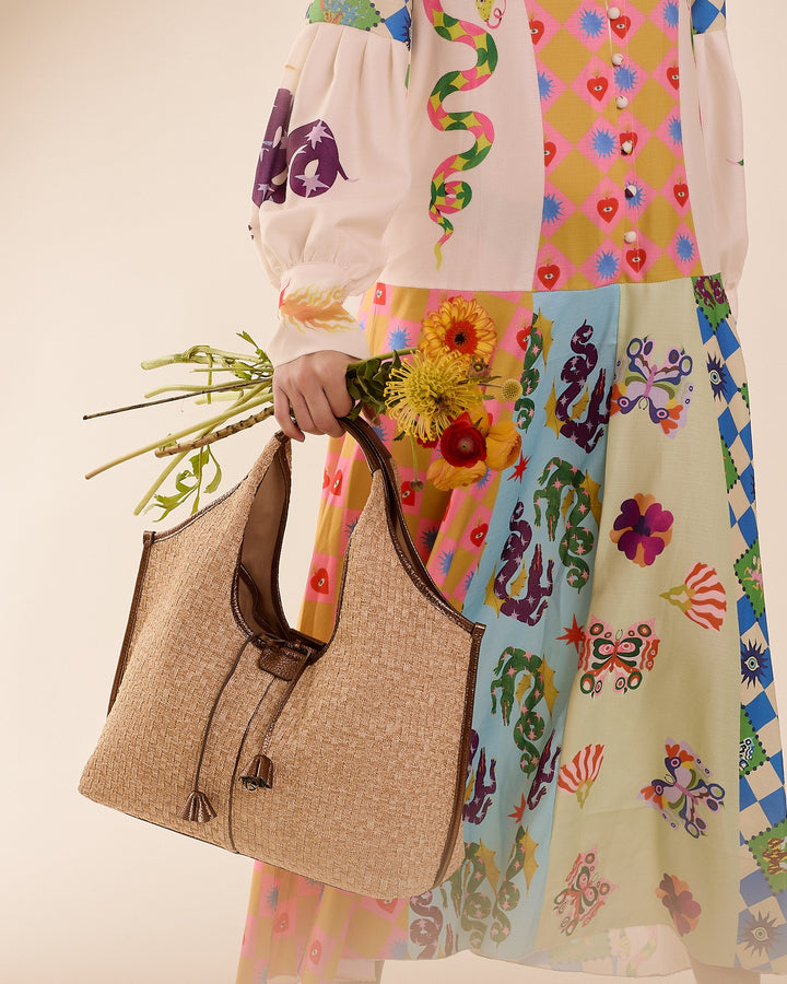 Viola Shopper in tessuto effetto rafia con finiture in pelle di vitello e tracolla staccabile