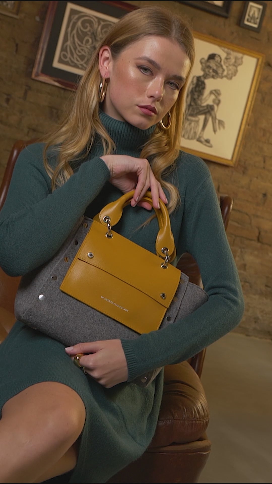 Rachele Large handbag borsa a mano in tessuto di lana riciclata e finitura in pelle con tasca staccabile