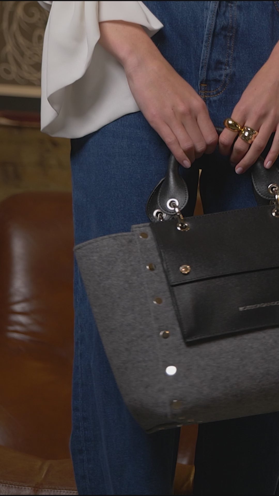 Rachele handbag borsa a mano in tessuto di lana riciclata e finitura in pelle con tasca staccabile