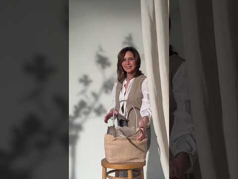 Diletta Shopping - Tote  in rafia con balza in pelle laserata con tracolla staccabile