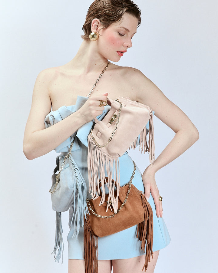 Sveva Mini Suede Fringes – Suede handbag with fringes and turn-lock closure