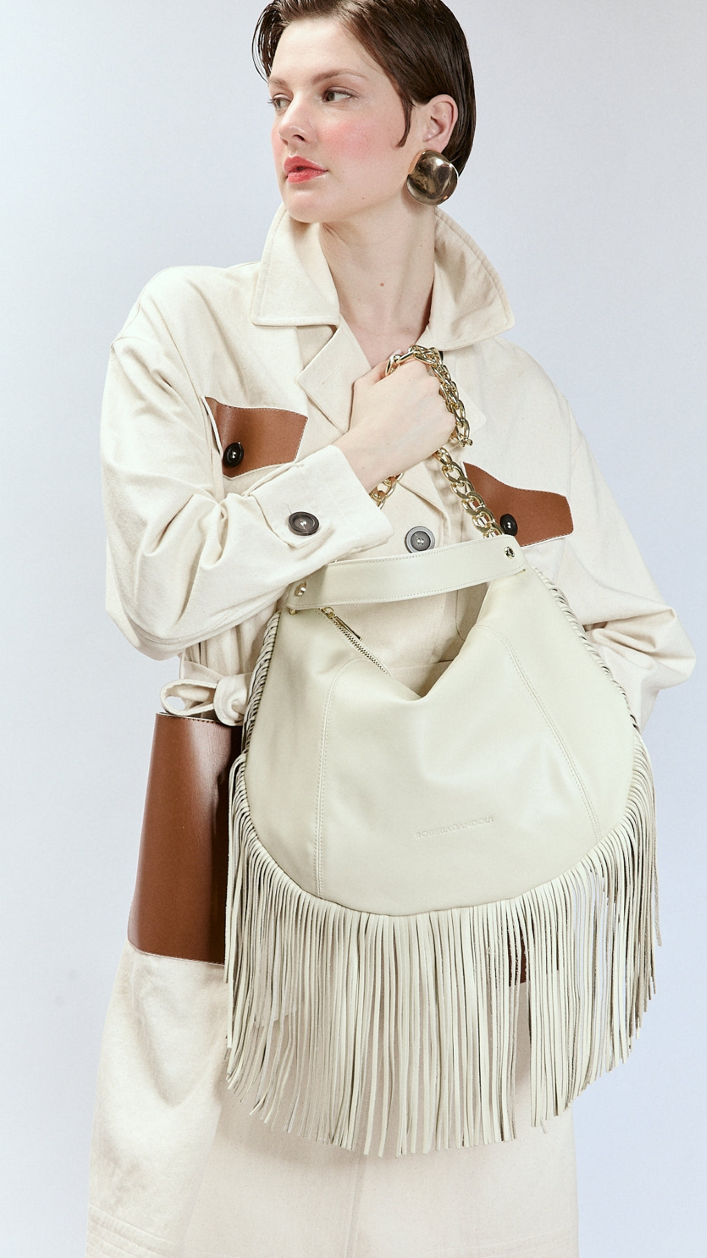 Kate – Leather Hobo Bag with Long Fringes and a Removable Gold Chain