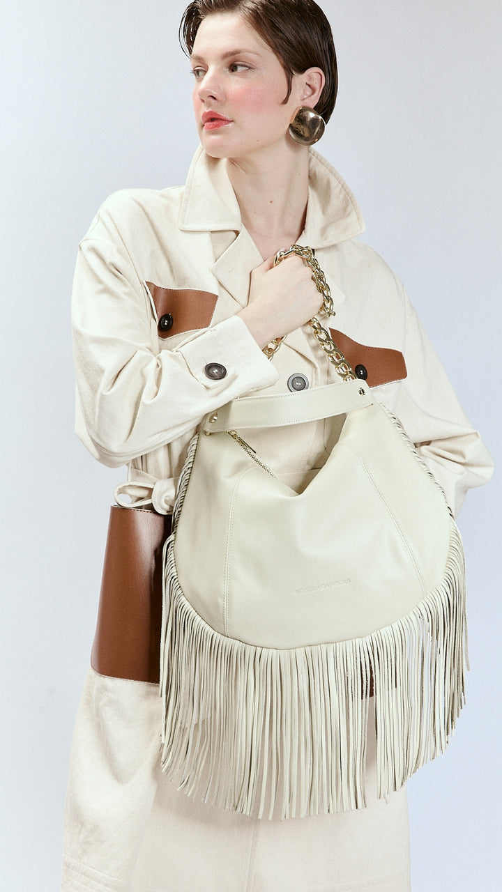 Kate – Leather Hobo Bag with Long Fringes and a Removable Gold Chain