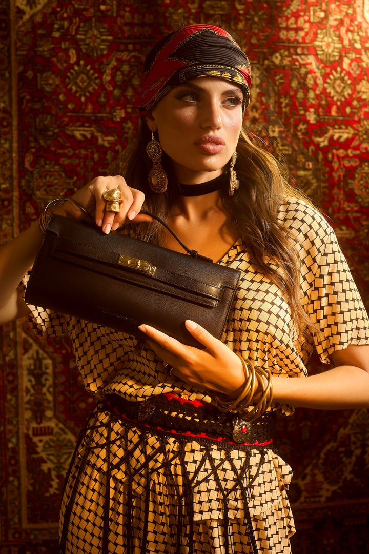 Jade cluch borsa in pelle con chiusura  manico retrattile e tracolla staccabile e regolabile