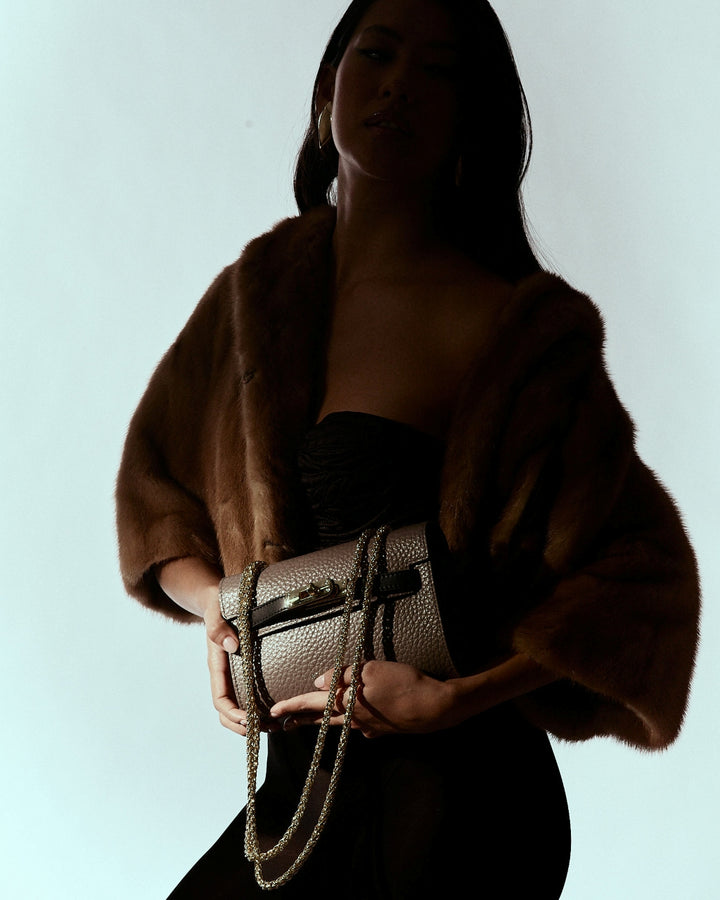 Frida Satchel in grained leather with adjustable fabric shoulder strap