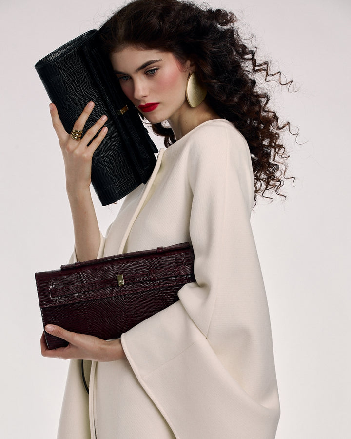 Celine Tejus – Elegant Glossy Lizard-Embossed Calfskin Leather Clutch with Retractable Handle and Shoulder Strap