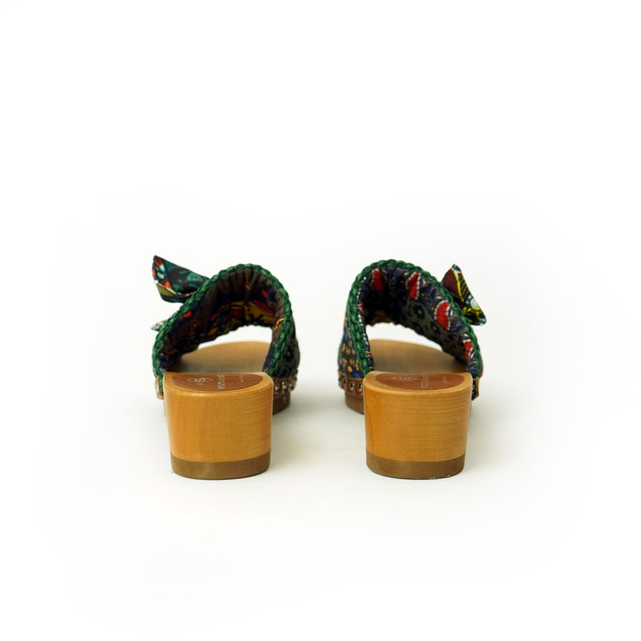 Lola Sabot sandali in legno con rafia e pelle di vitello con fiocco stampa african