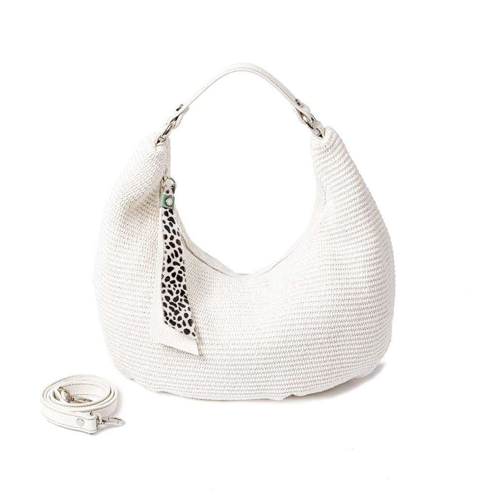 Beatrice Hobo medium in raffia e finiture in pelle con dettaglio animalier e tracolla staccabile