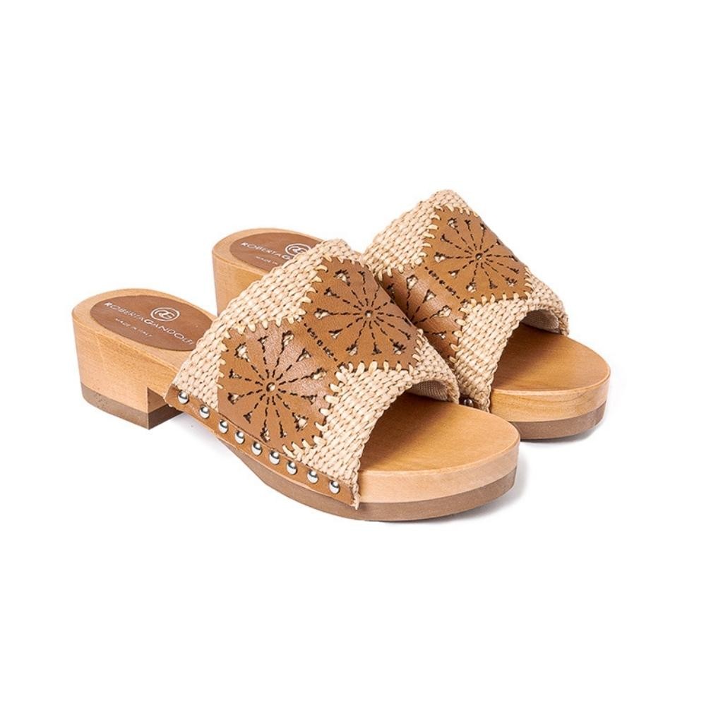 Sandalo Giulia platform in legno e tomaia in rafia e pelle di vitello laserata con disegno pizzo geometrico
