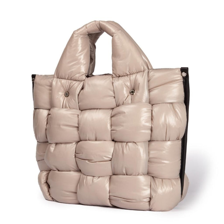 Greta large borsa in tessuto antigoccia imbottita ed intrecciata a mano con finiture in pelle