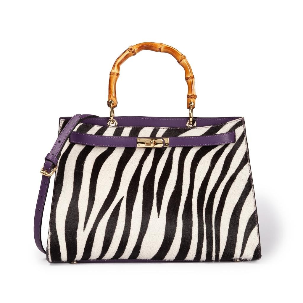 Lola Pony Large borsa in pelle stampa animalier con manico in vero legno di bambù e tracolla staccabile