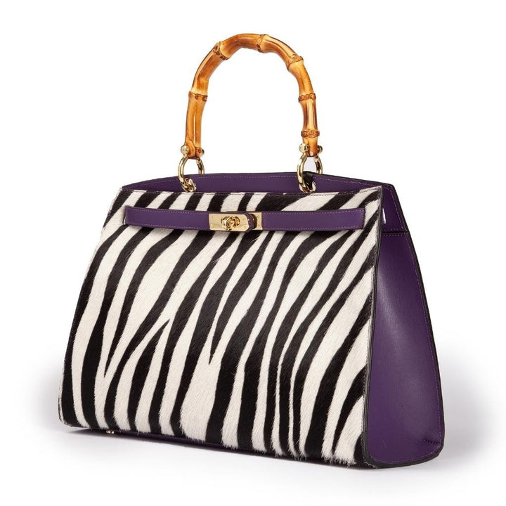 Lola Pony Large borsa in pelle stampa animalier con manico in vero legno di bambù e tracolla staccabile
