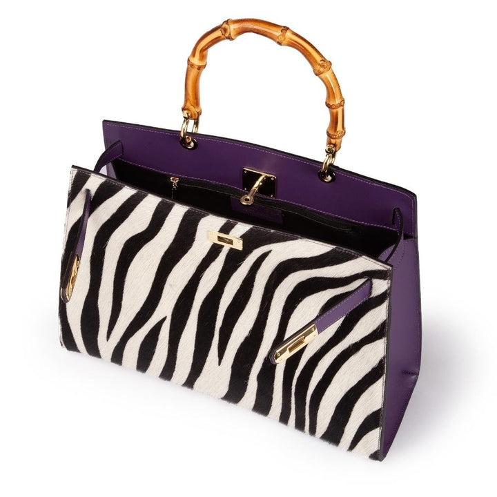 Lola Pony Large borsa in pelle stampa animalier con manico in vero legno di bambù e tracolla staccabile