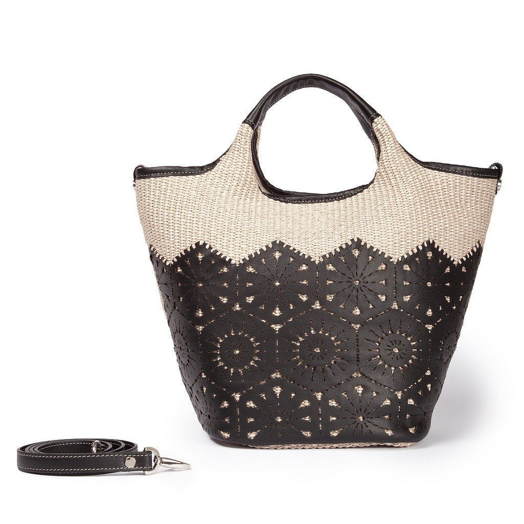 Giulia Handbag in rafia e pelle il pannello tagliato al laser è interamente cucito a mano con tracolla staccabile