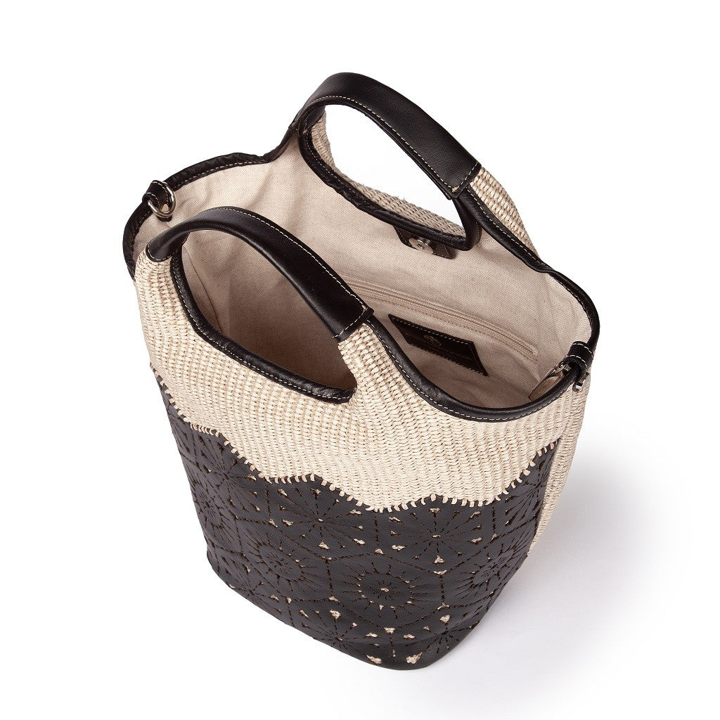 Giulia Handbag in rafia e pelle il pannello tagliato al laser è interamente cucito a mano con tracolla staccabile