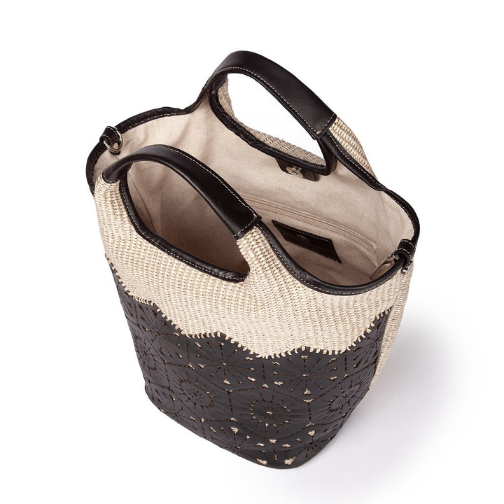 Giulia Handbag in rafia e pelle il pannello tagliato al laser è interamente cucito a mano con tracolla staccabile