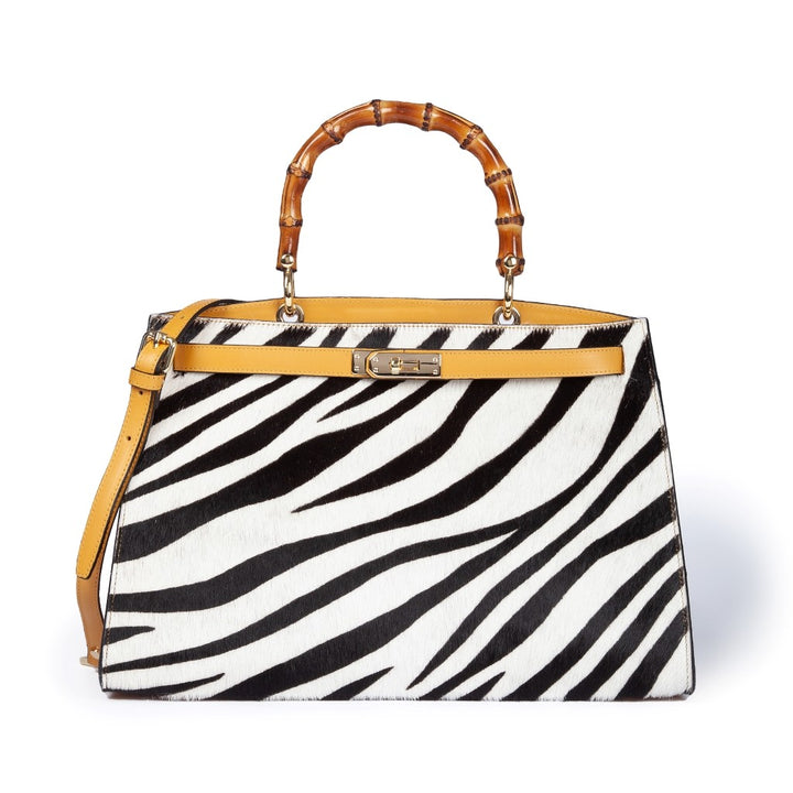 Roberta Gandolfi Lola Pony Large borsa in pelle stampa animalier con manico in vero legno di bambù e tracolla staccabile