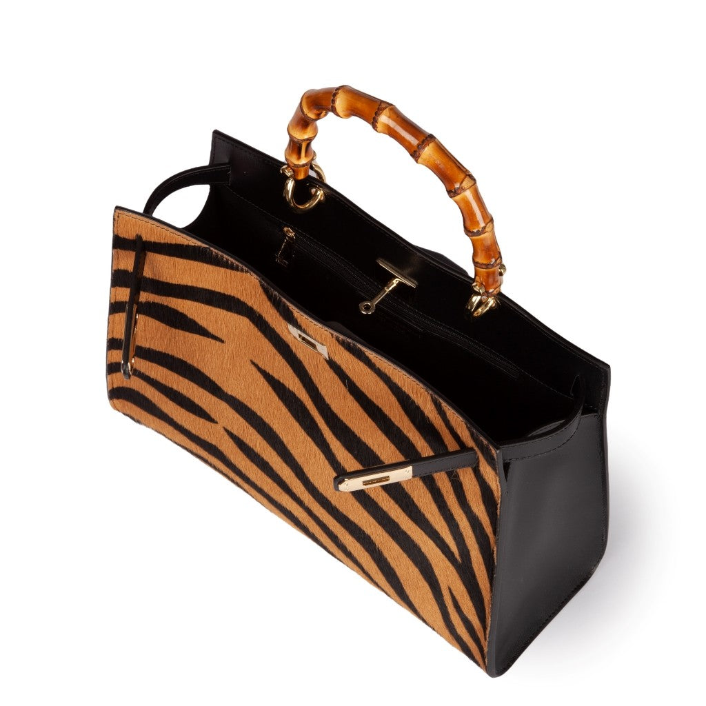 Lola Pony Large borsa in pelle stampa animalier con manico in vero legno di bambù e tracolla staccabile